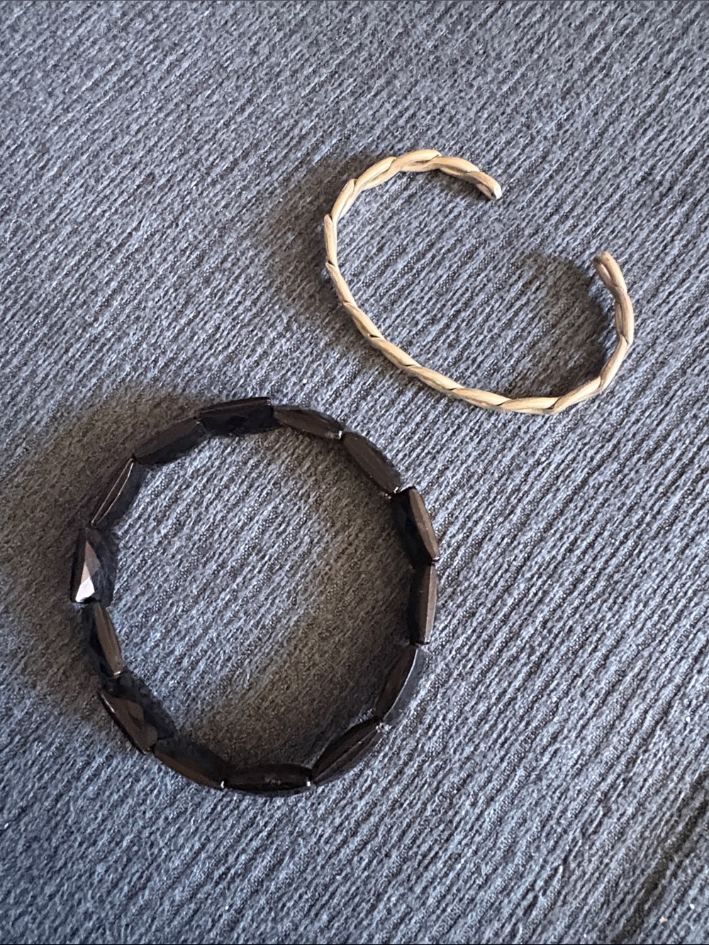 Silver Braided Open Cuff and Black Beaded Stretch Bracelet Set